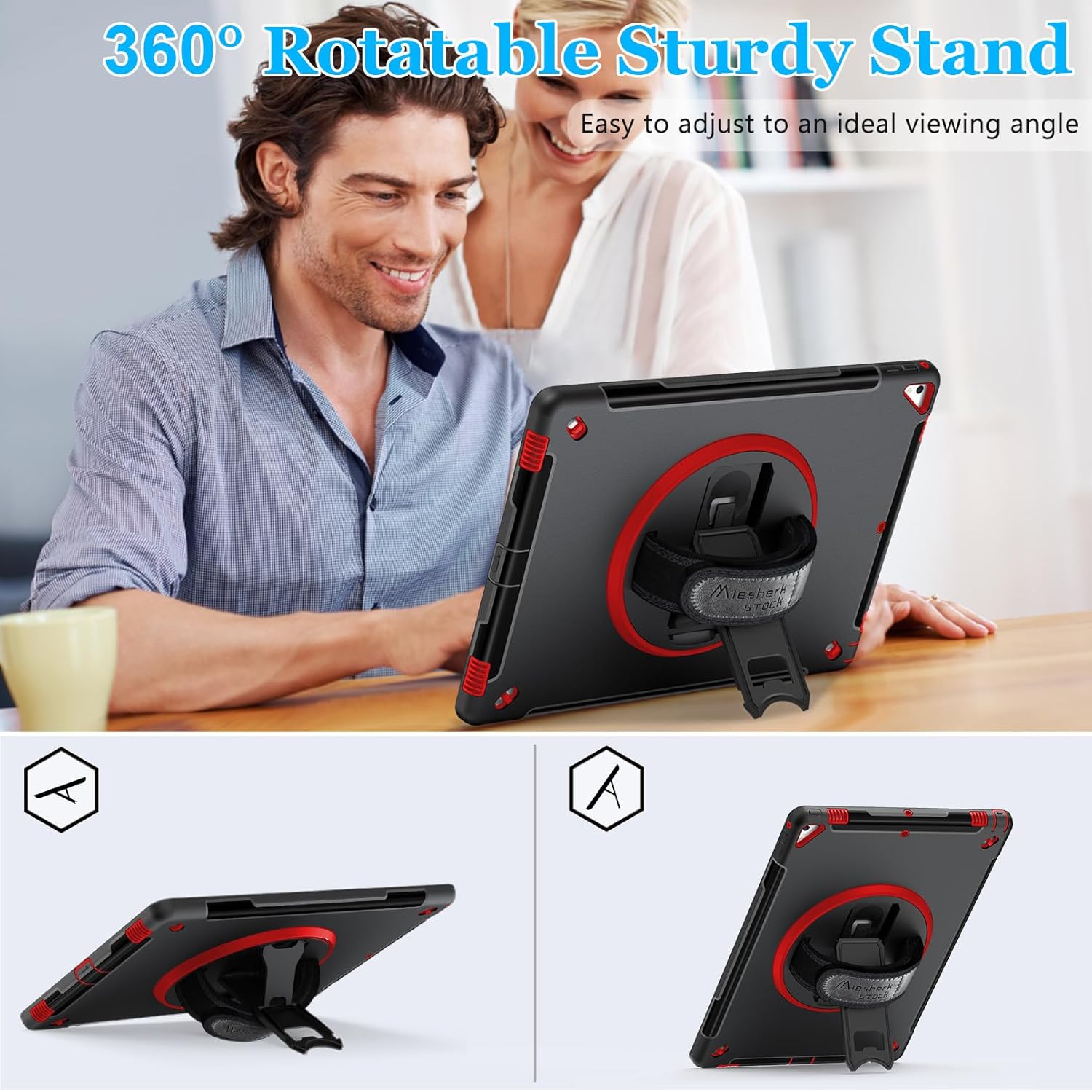 iPad Pro 12.9 Case 2nd Generation 2017 & 2015 1st Generation, Heavy Duty Rugged TPU Protective Cover with Screen Protector- Stand + Handle Hand & Shoulder Strap + Pencil Holder- Red+Black