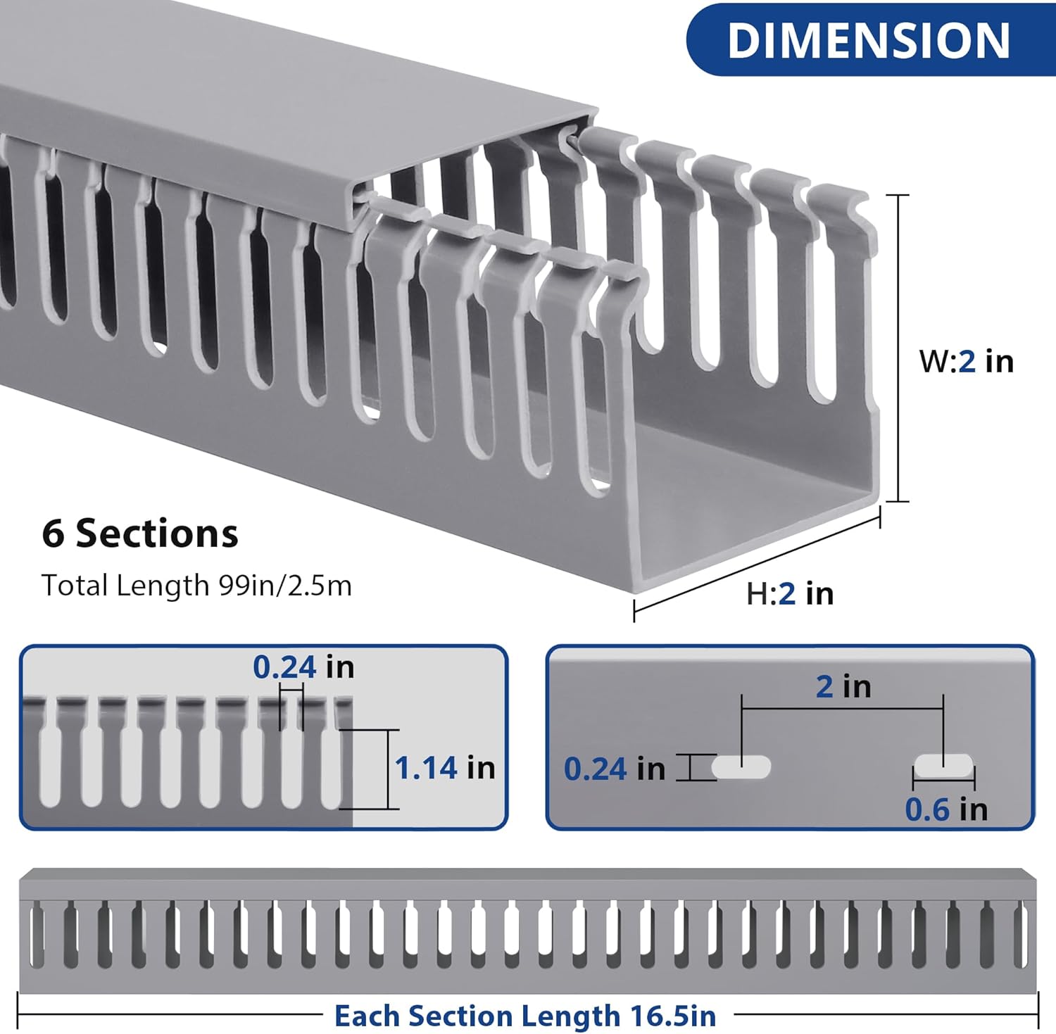 ZhiYo 99in(6X L16.5in) Professional Server Rack Cable Management Raceway, H2in x W2in Cable Raceway Kit, Electrically Safe PVC Open Slot Wire Raceway for Under Desk/Computer/Network Cords, Grey