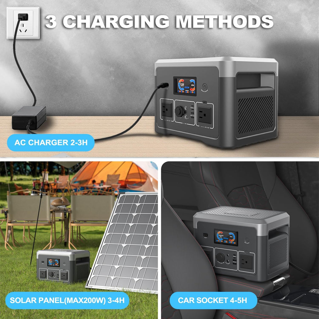 Portable Power Station 600W 665.6Wh LiFePO4 Battery Backup Solar Generator with 2x 600W AC Outlets(Surge 1800W),LED Lights,Music Player&UPS Function for Home,RV,Campinp