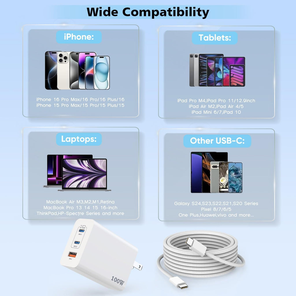 100W USB C Charger, 2Pack 140W USB C to C Woven Cable 6FT Braided Cord 100W Type C MacBook Pro Charger Block 6Foot Super Fast Phone Charging 3 Port PD & AC Charge for MacBook Pro/iPhone 16/15/iPad Pro