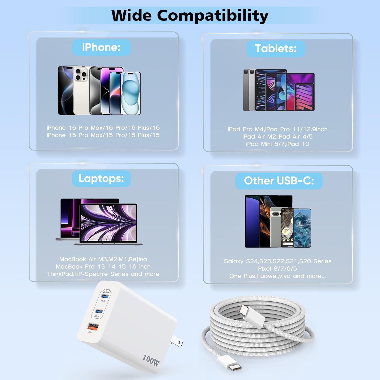 100W USB C Charger, 2Pack 140W USB C to C Woven Cable 6FT Braided Cord 100W Type C MacBook Pro Charger Block 6Foot Super Fast Phone Charging 3 Port PD & AC Charge for MacBook Pro/iPhone 16/15/iPad Pro