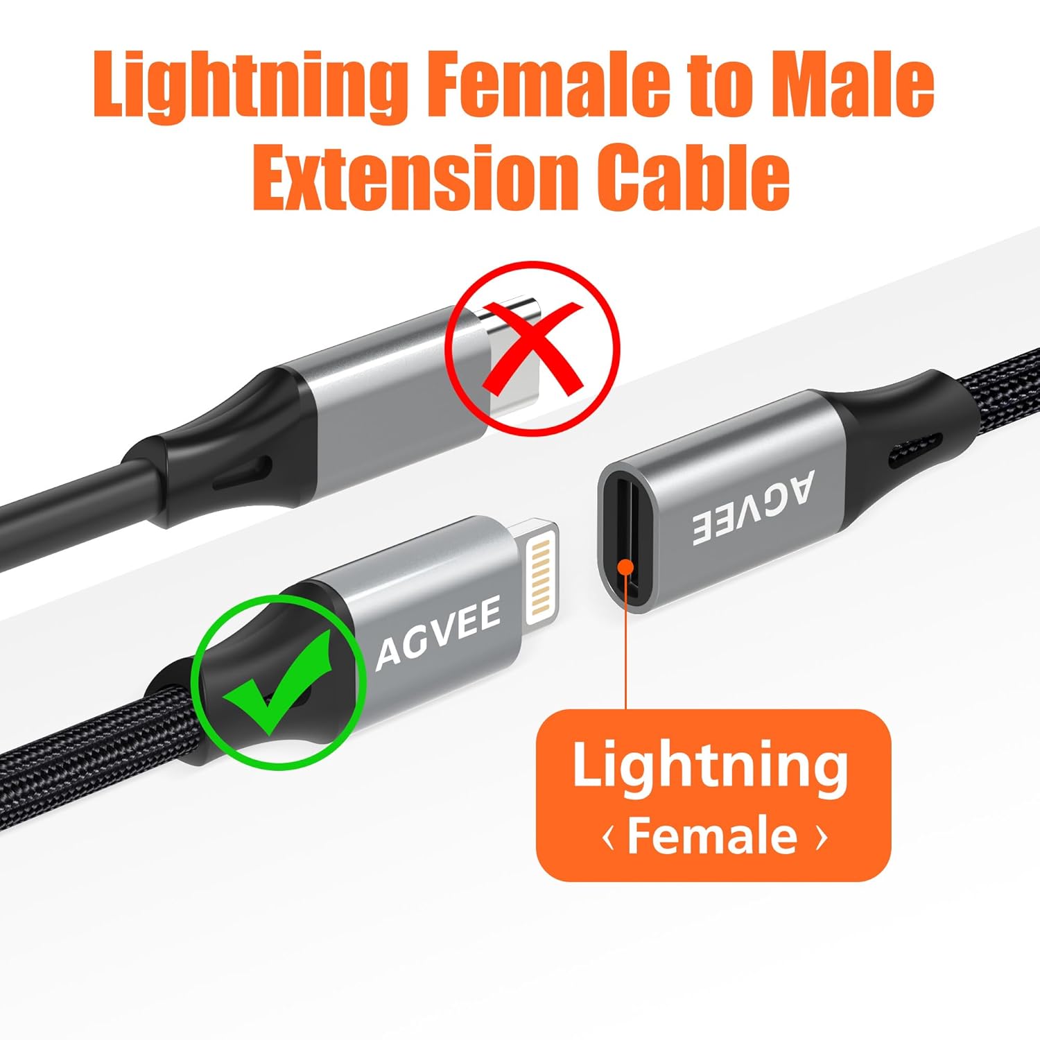 AGVEE 2 Pack 1ft Lightning Extension Cable, Braided Female to Male Extender Full Function Cord Compatible with iPhone iPad, Data Sync Video Audio & Charging Connector Adapter, Dark Gray