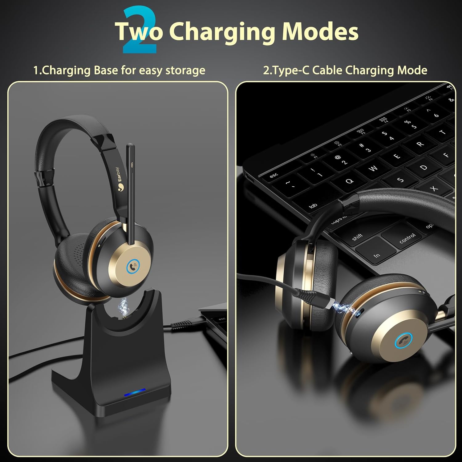 Earbay Wireless Headset with Mic for Work, Bluetooth Headset V5.3, AI Noise Cancelling Mic & 2.4G USB Dongle, 50 Hrs Work Time Wireless Headphones with Mic Mute for Work from Home/Call Center/Teams