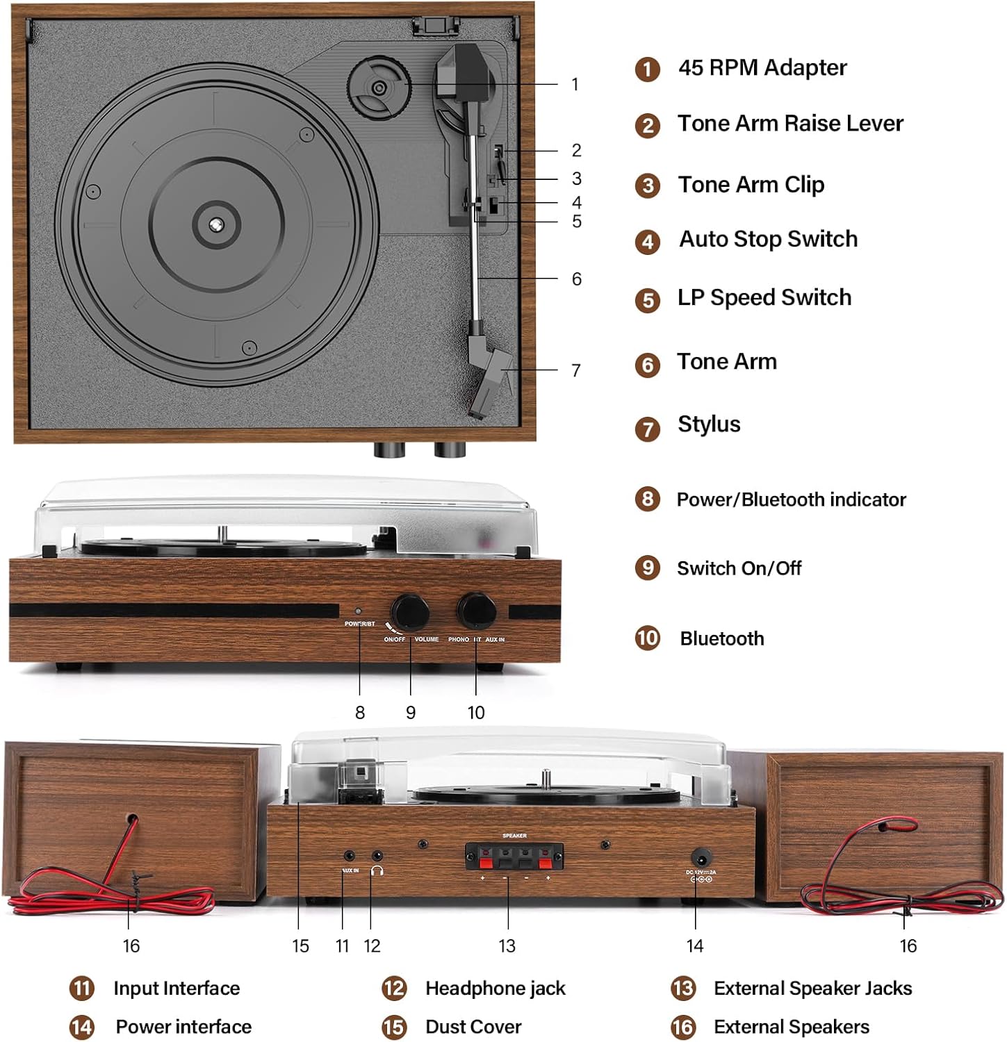 Vinyl Record Player with Dual Stereo Bookshelf Speakers Vintage Belt Drive Bluetooth Turntable with External Speakers,Convert Vinyl to MP3,LP Players AUX Headphone Input RCA Out,Brown