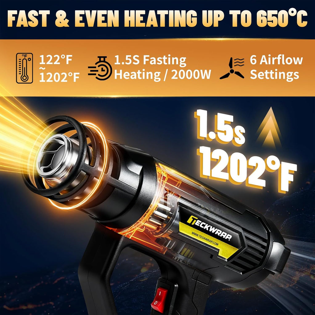 TECKWRAP Heat Gun 2000W with LCD Display, Adjustable Hot Air Gun for Vinyl Wrap, Shrink Wrap, Paint Removal & DIY Crafts (122–1202°F)