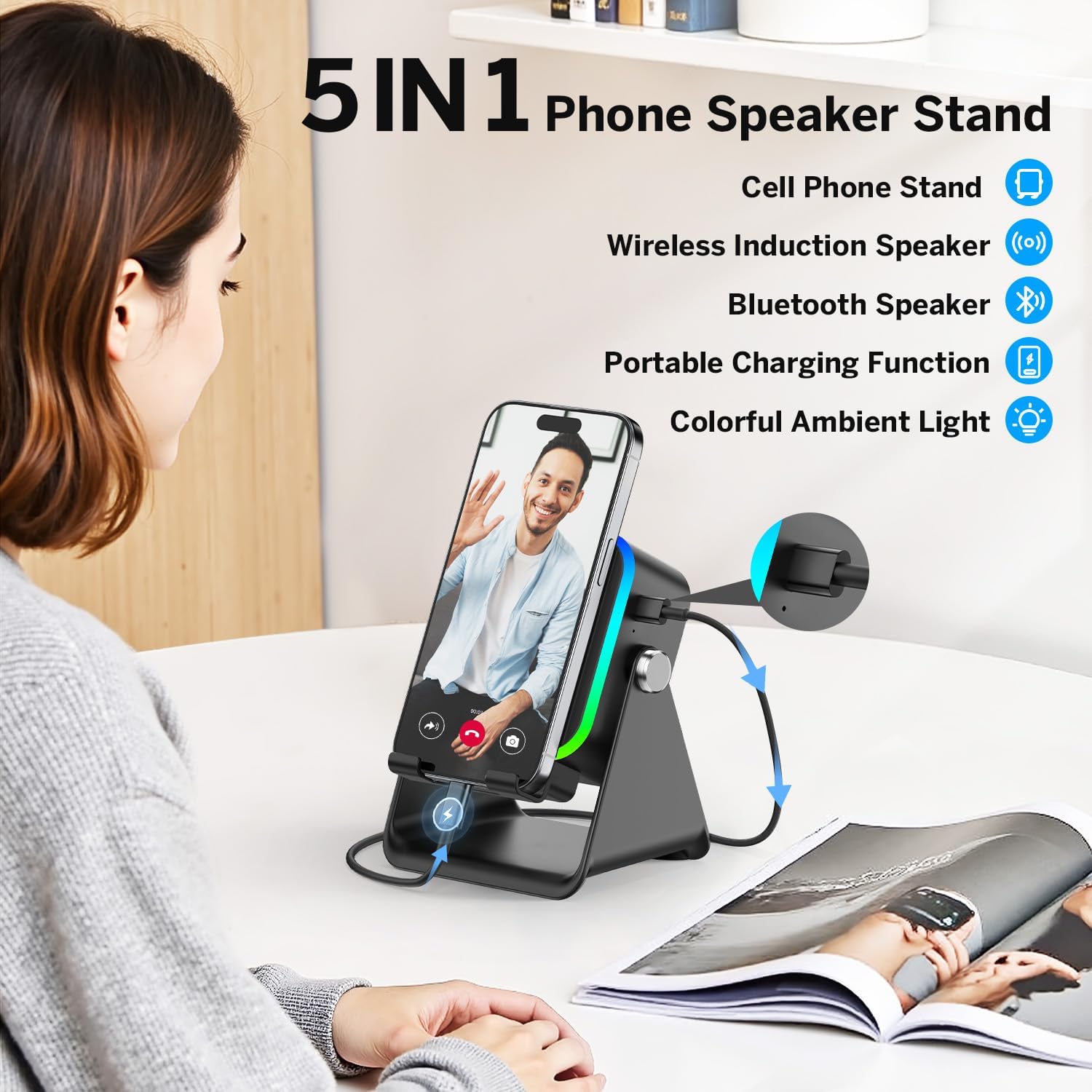 Wireless Induction Speaker 5-in-1 Bluetooth Speaker with Phone Stand,Stereo Sound, 3500mAh Rechargeable, 8 RGB Ambient Light, 360° Adjustable Holder for iPhone/Android/iPad,Gifts for Men Women (Black)