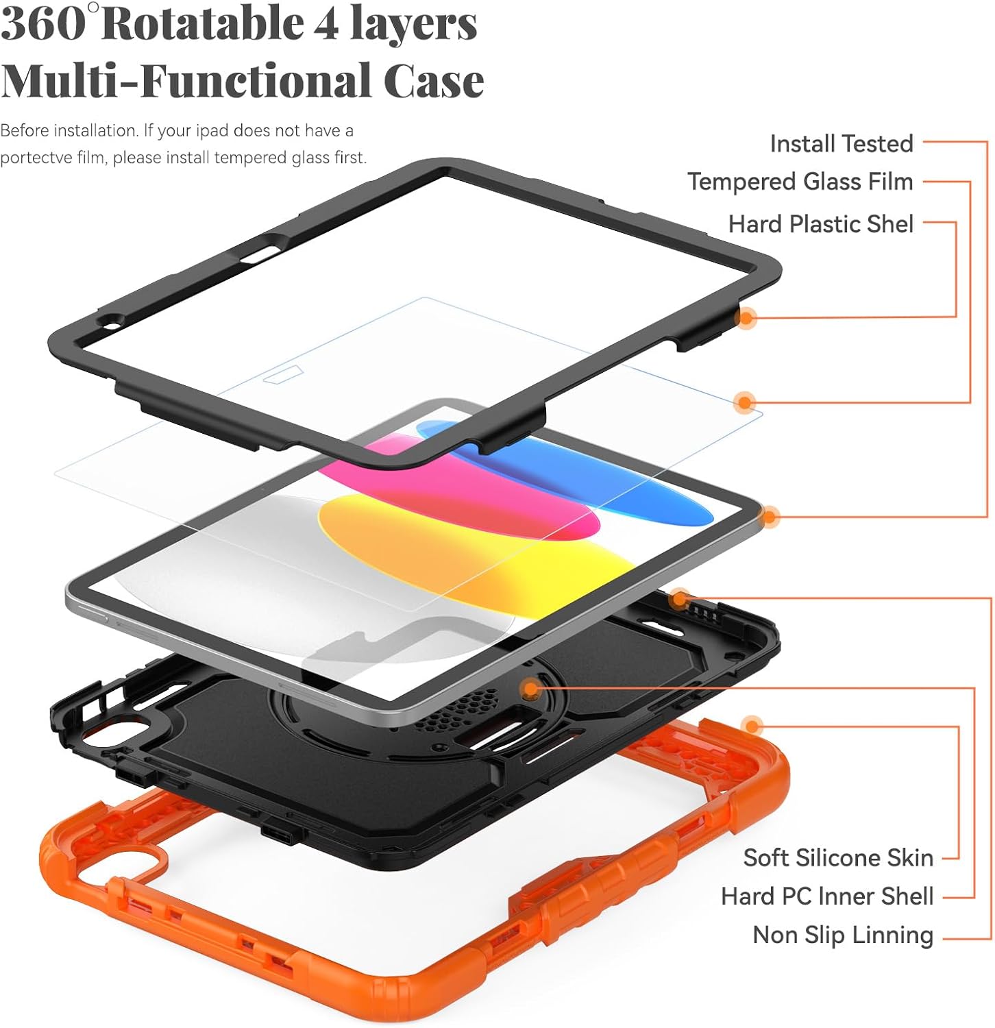 BLOSOMEET Case for iPad A16 11th/10th Generation 11''/10.9'' 2025/2022 with Tempered Glass Screen Protector & Pencil Holder, Rugged Military Grade Cover w/Stand Hand Shoulder Strap, Orange