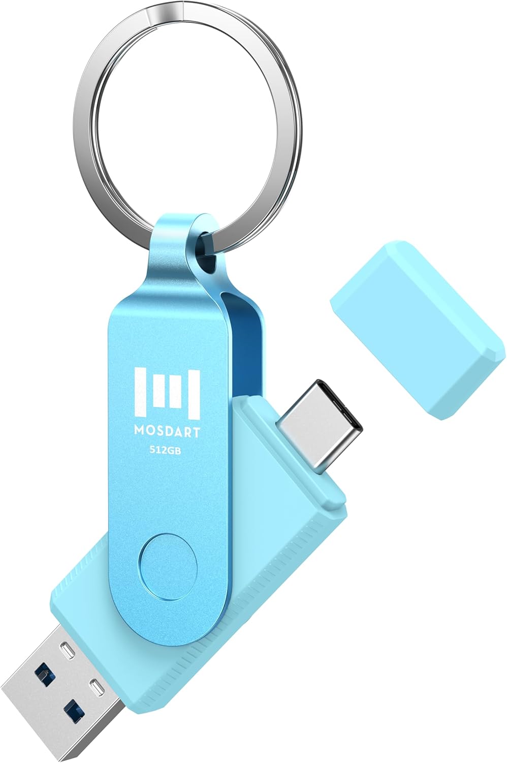 MOSDART 512GB USB3.1 Fast Speed C and A Dual Flash Drive, exFAT Memory Stick with Keychain and LED Indicator, for iPhone 15 and 16, Android Phone, iPad, MacBook, and Other Laptops, Sky Blue