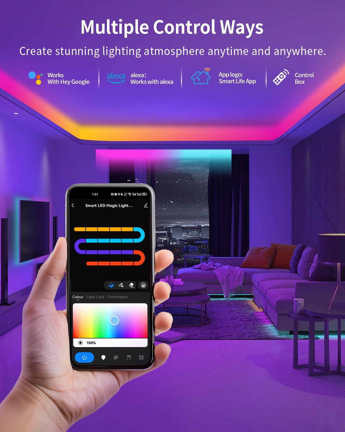 RGB+IC LED Strip Lights, Smart Bluetooth LED Light for Bedroom, Color Changing LED Strips with 44 Scene Modes(6.6ft)