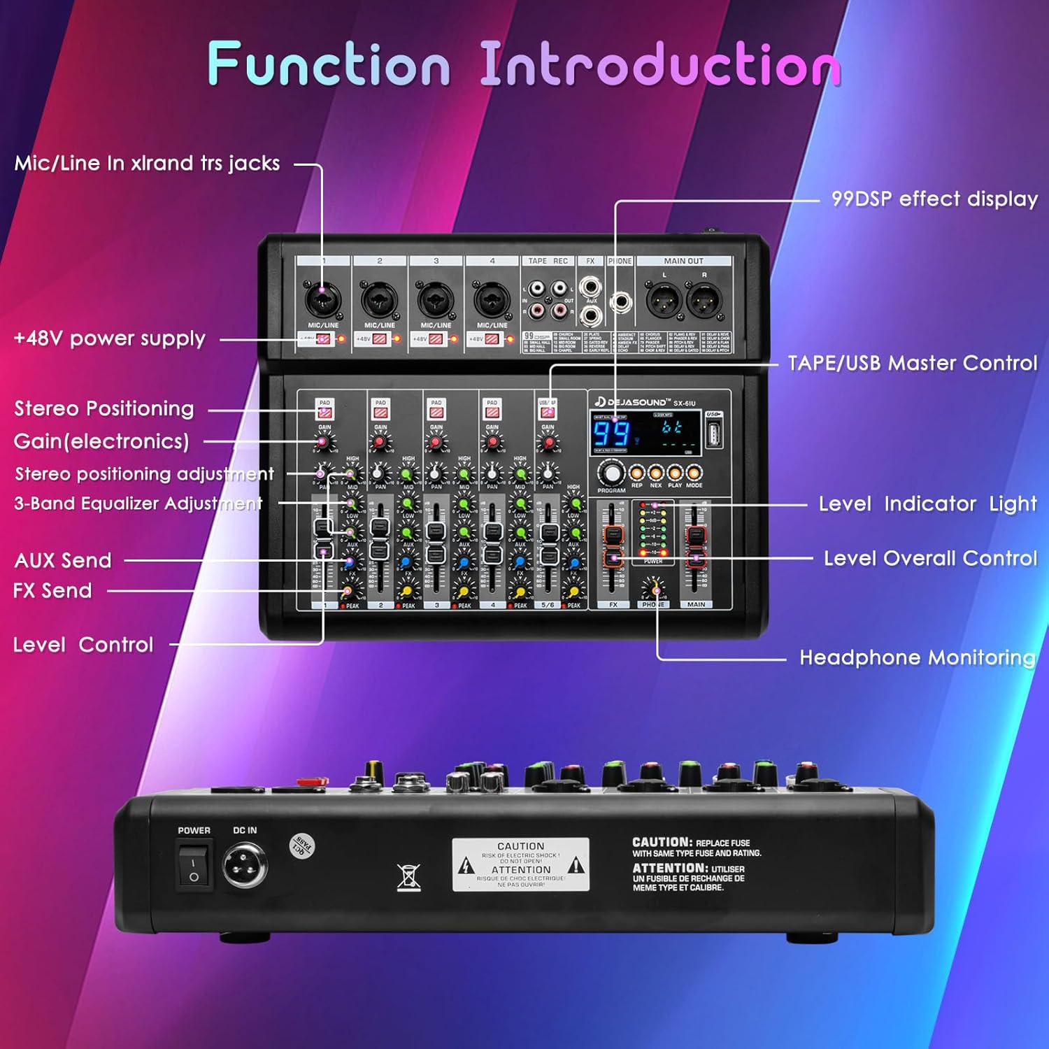6-Channel Audio Mixer for PC, SX-6iu Mixing Console with XLR Inputs, Bluetooth, 99 Digital Signal Processor Effects, USB Interface, MP3 Compatible for Podcast, Music, Recording 9.84"x2.17"x12.6"inches