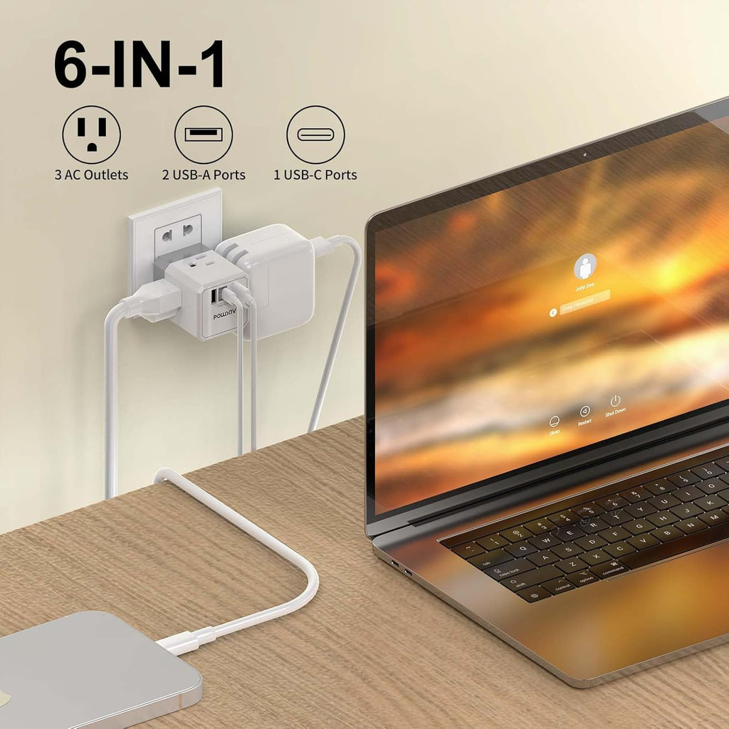Cruise Ship Essentials, 3-Side Outlet Splitter with 3 USB Ports(1 USB C) USB Wall Charger, Outlet Extender for Home, Office and Cruise, ETL Listed, White