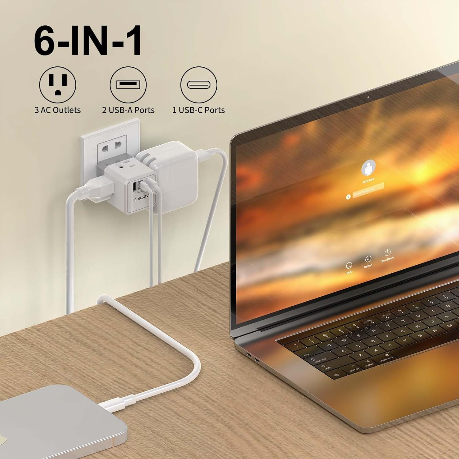 Cruise Ship Essentials, 3-Side Outlet Splitter with 3 USB Ports(1 USB C) USB Wall Charger, Outlet Extender for Home, Office and Cruise, ETL Listed, White