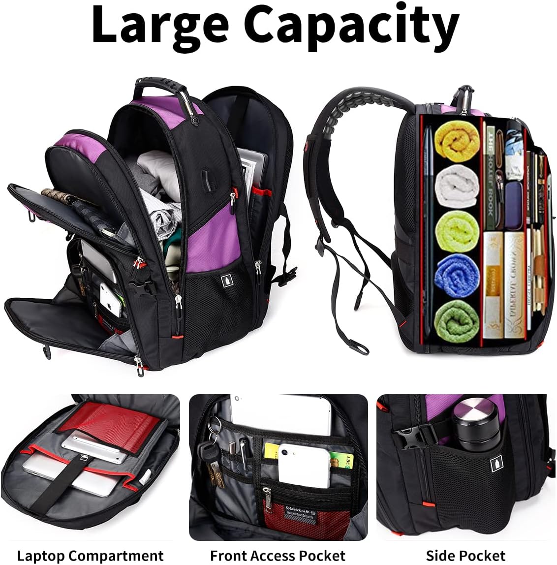 SHRRADOO Extra Large 50L Travel Laptop Backpack with USB Charging Port, College High School Backpack Airline Approved Business Work Bag Fit 17 Inch Laptops for Men Women,Purple