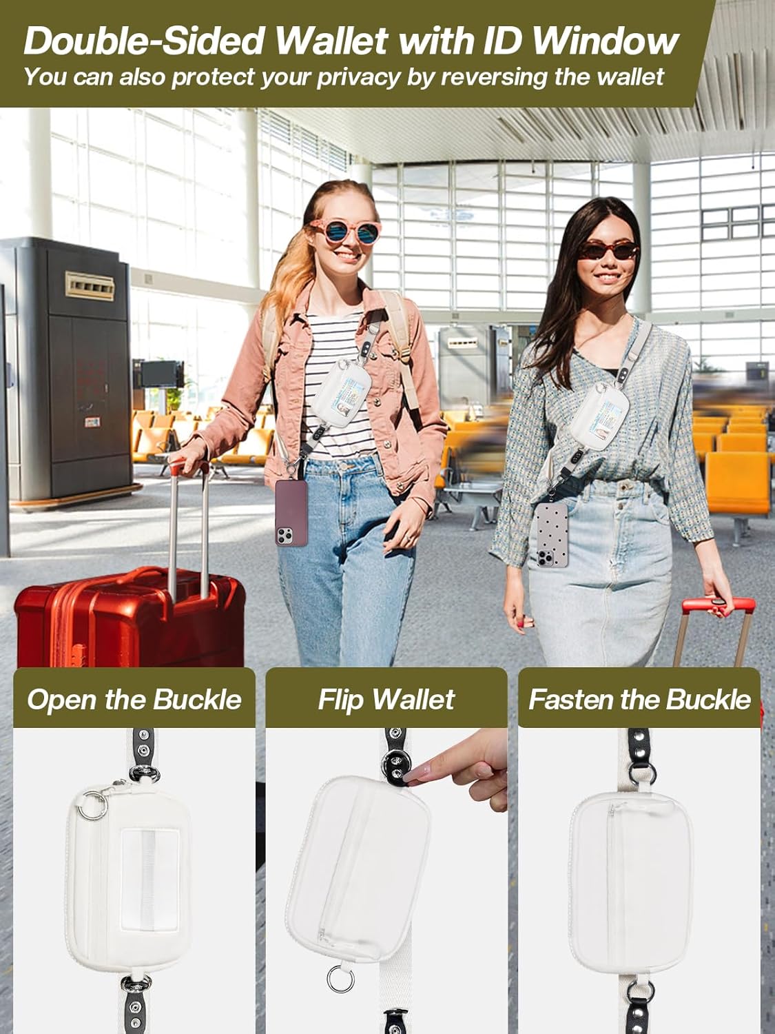 Clip and Go Strap for Phone with Wallet Crossbody Phone Lanyard Adjustable and Detachable RFID Wristlet Wallet with ID Window and Zipper, Cream(L)