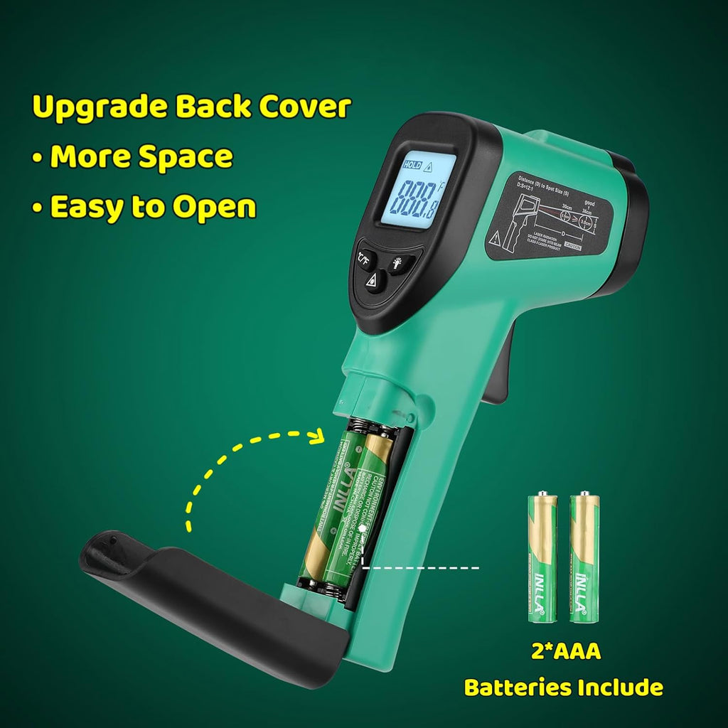 OnniOne Infrared Thermometer Gun for Cooking, -58℉~1022℉, Digital Laser Temperature Gun for Blackstone Pizza Oven Reptiles, IR Thermometer with Carrying Storage Case, Larger Font, LCD Backlit, Green