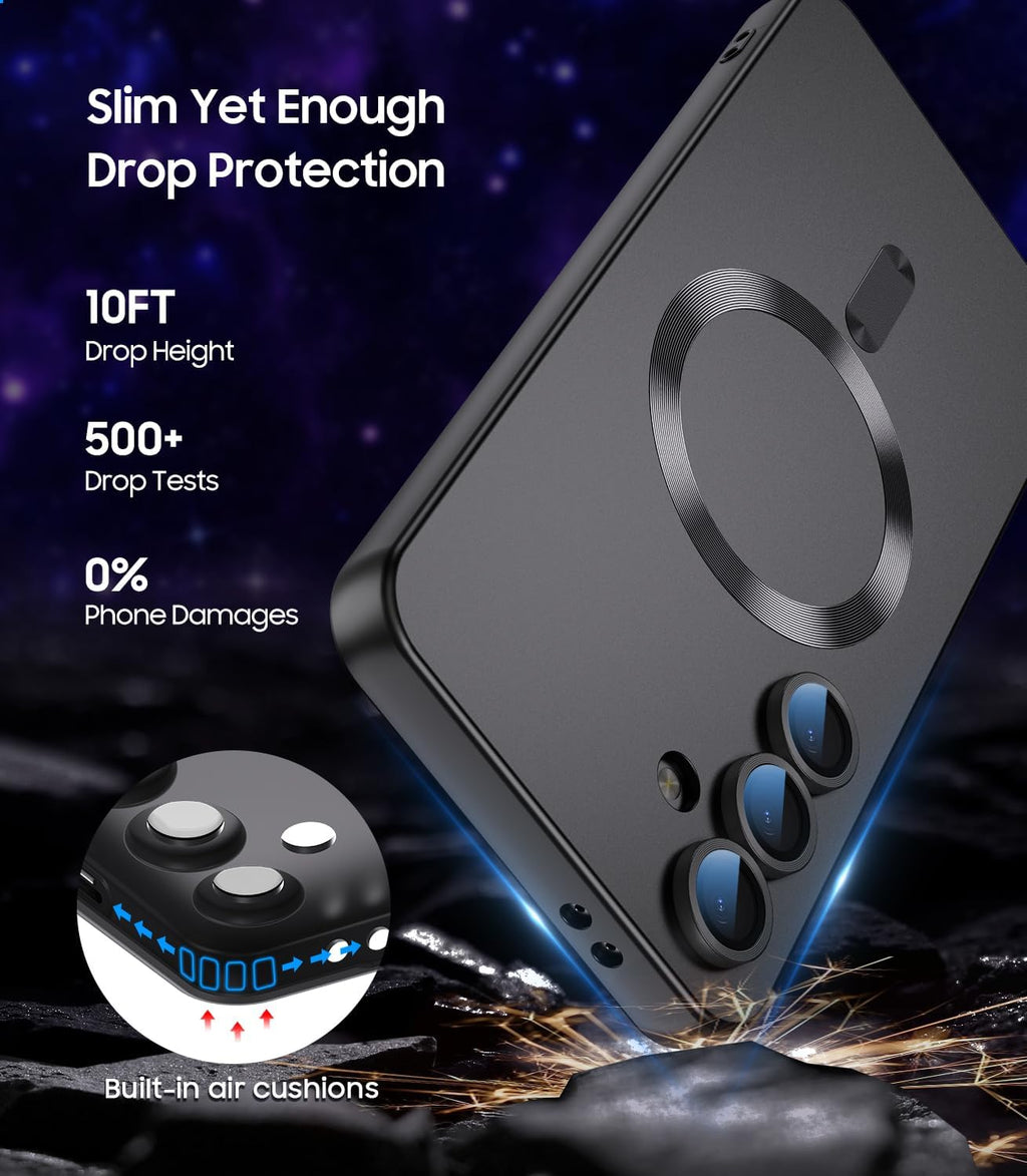 Magnetic for Samsung Galaxy S25 Plus Case [Compatible with MagSafe][Built-in Camera Lens Protector] Slim Soft Silicone Bumper Shockproof Metallic Luster Phone Shell (Black)