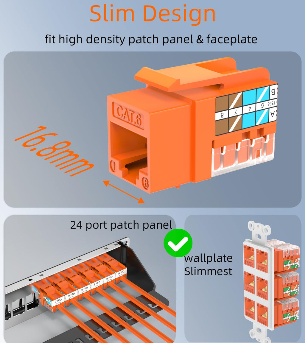 Rapink RJ45 Keystone Jack Cat6 10G Support, Keystone Jacks UTP 25 Pack for Wall Plate and Patch Panel, Rj45 Keystone 90 Degree Orange Color for Cat6, Cat5e, Cat5 Cabling