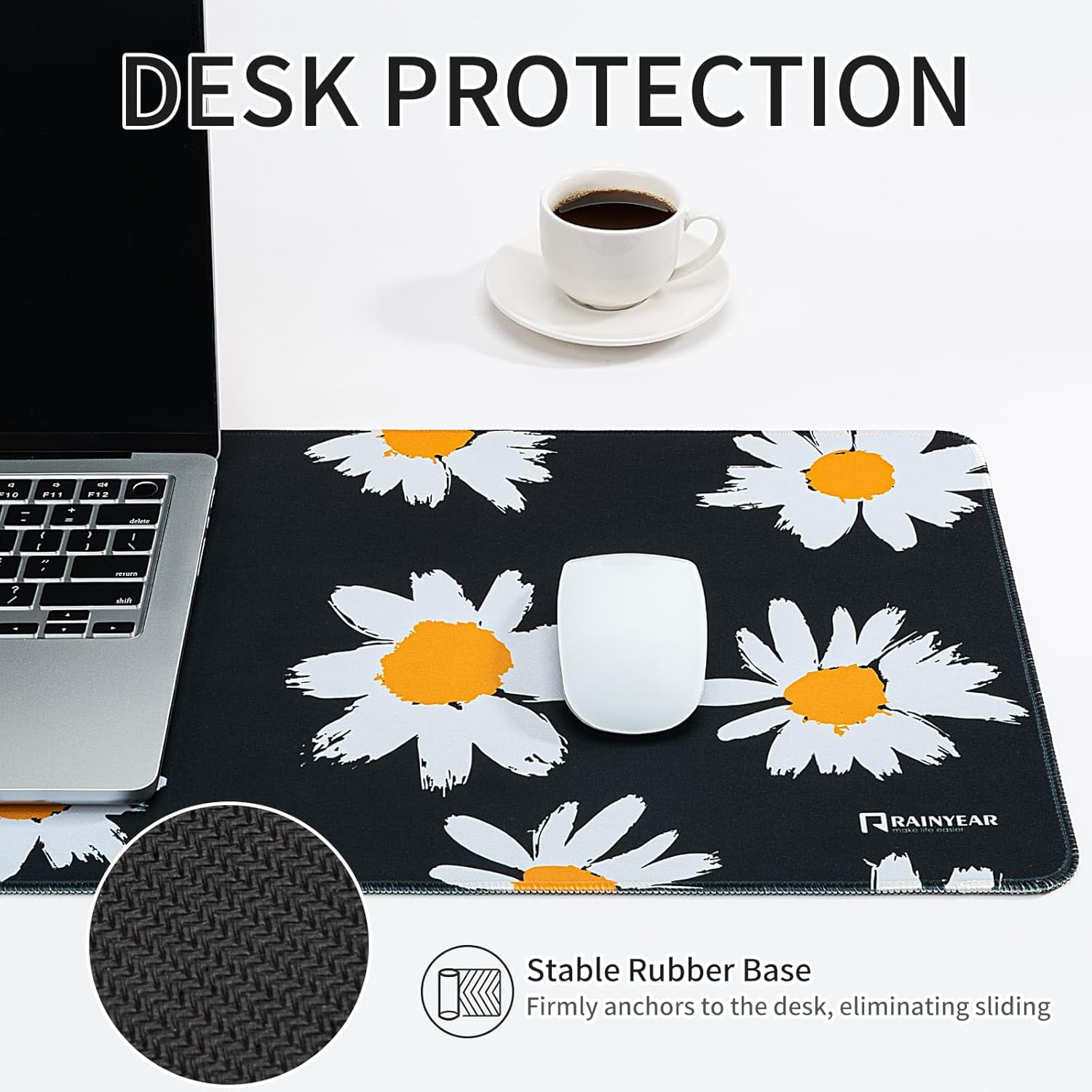 RAINYEAR Large Gaming Mouse Pad(31.5 x 11.8 Inch), Computer Mousepad with Anti-Slip Rubber Base, Smooth Large Keyboard Mouse Pad Mat for Gamer, Office, Home, Black Daisy