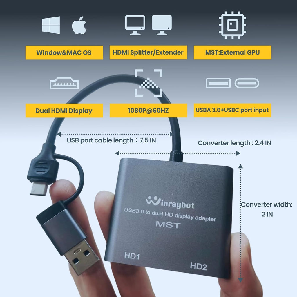 USB to HDMI Adapter for 2 Monitors-USB3.0 to Dual hdmi for 3 Monitors-USB to HDMI with Two HD Displau Supports Mac & Windows/Dual HDMI Extender -External Video & Graphics Card Adapter
