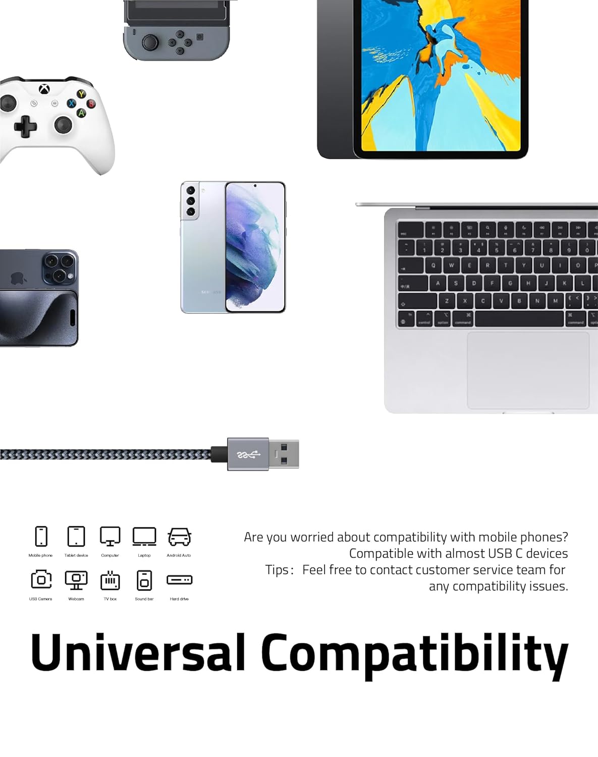 FHG 3.3FT USB 3.0 to USB C Cable 2Pack, High-Speed Transfer of 1GB in 2sec, 3A Fast Charging from 20% to 80% in 35mins, Sturdy Nylon Braided USB Data Cable, Compatible for iPhone 15/Galaxy/Mac/Win