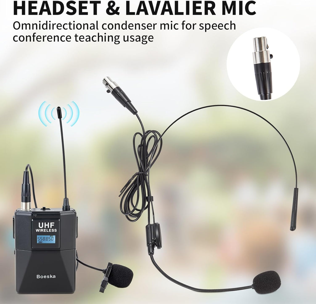 4 Channel Wireless Microphone System UHF 2 Cordless Handheld Mics and 2 Lavalier Headset Mics for Karaoke Church Speaking Conference Meeting Party, 4x25 Adjustable Frequency (2 Handheld + 2 Bodypack)