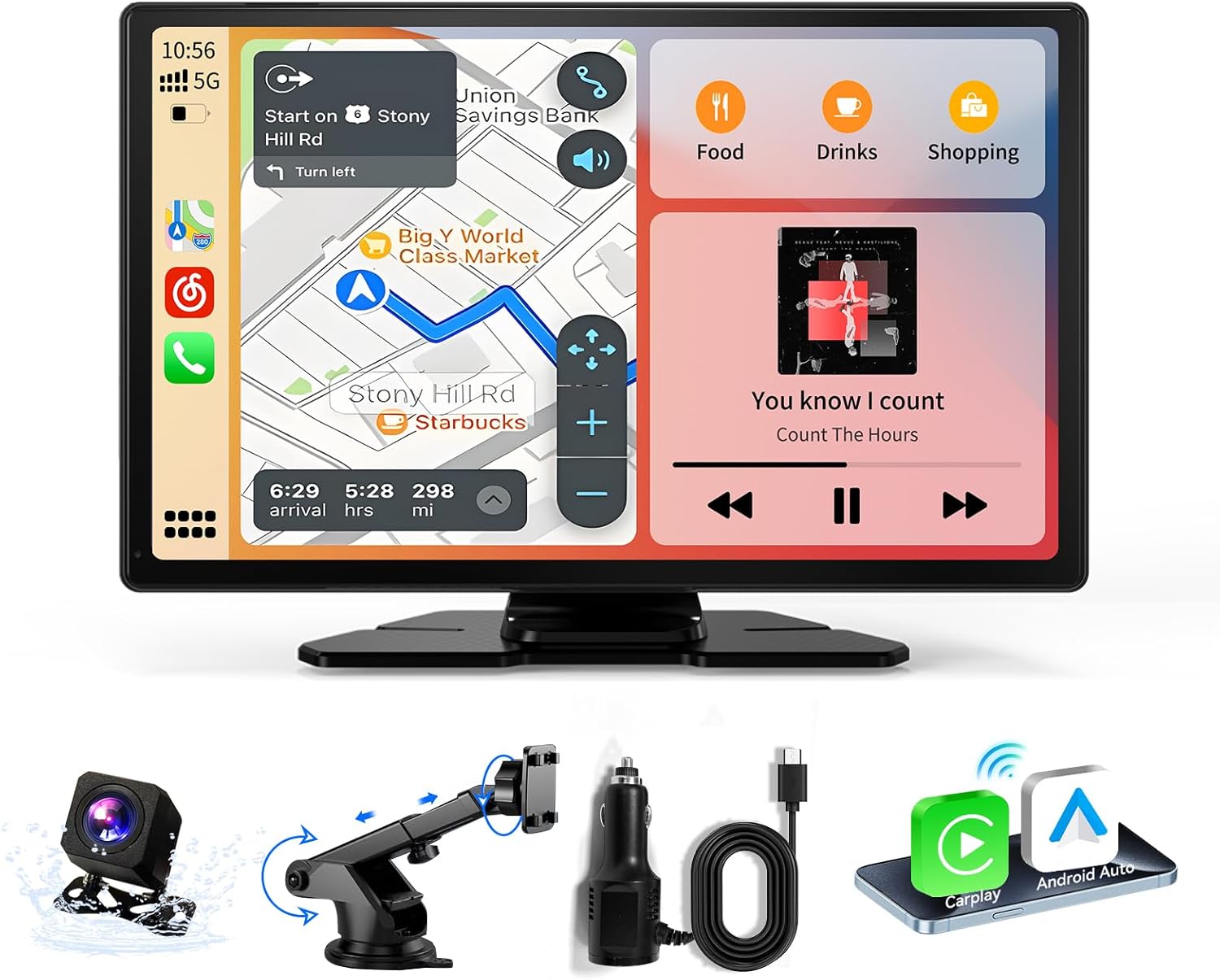 Carplay Screen for Car, 9" Android Auto Screen Compatible with A-pple Carplay, Portable Wireless Car Stereo Audio Receivers with Backup Camera, MirrorLink, Siri, BT, AUX, Navigation for All Vehicles