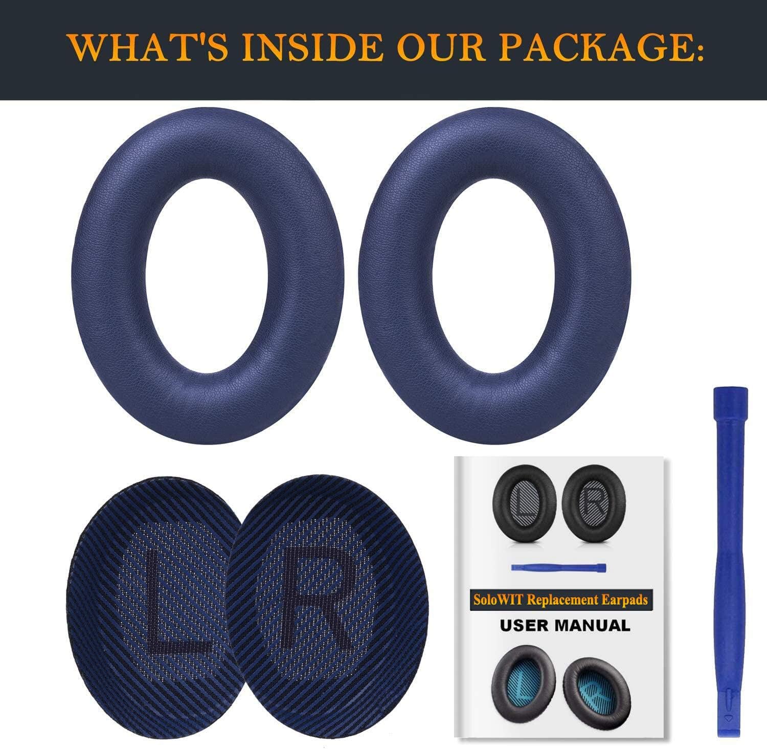 SoloWIT Replacement Earpads Cushions for Bose QuietComfort 35 (QC35) & Quiet Comfort 35 II (QC35 ii) Headphones, Ear Pads with Softer Leather, Noise Isolation Foam, Added Thickness (Midnight Blue)