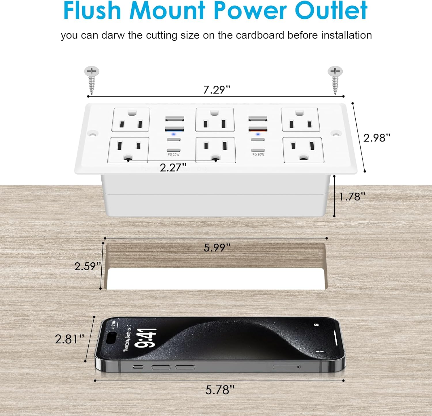 30W Recessed Power Strip USB C, Desk Flush Mount Outlet Plug in 6 AC & 8 USB Ports for Furniture Conference Power Hub, 6FT