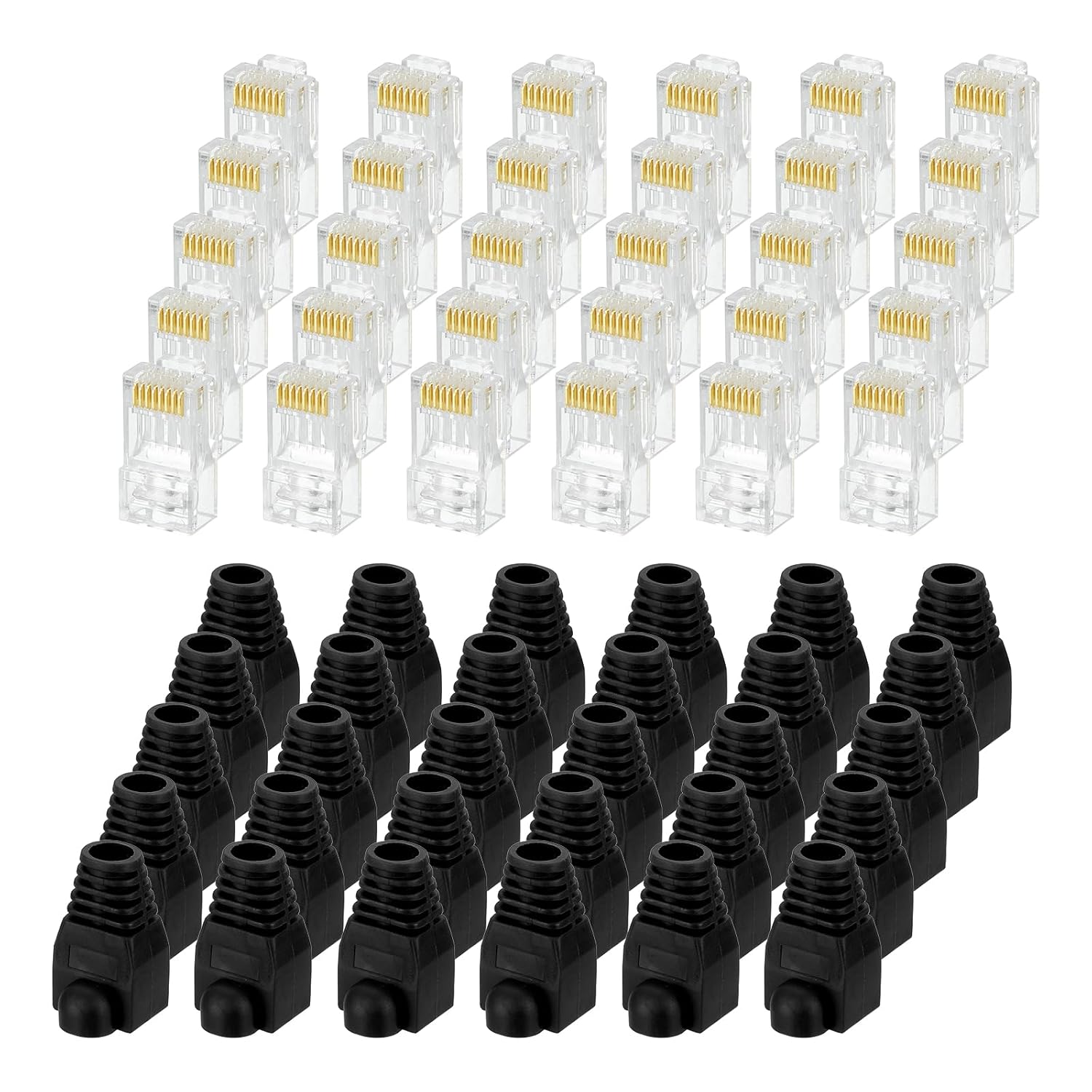 MECCANIXITY 60pcs Cat6 RJ45 Pass Through Connectors, RJ45 Connector 8P8C Gold Plated Plugs with 60pcs Black Strain Relief Boots for Solid or Stranded UTP Ethernet Cable, 1.1mm