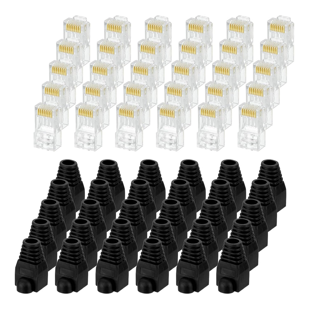 MECCANIXITY 30pcs Cat6 RJ45 Pass Through Connectors, RJ45 Connector 8P8C Gold Plated Plugs with 30pcs Black Strain Relief Boots for Solid or Stranded UTP Ethernet Cable, 1.1mm
