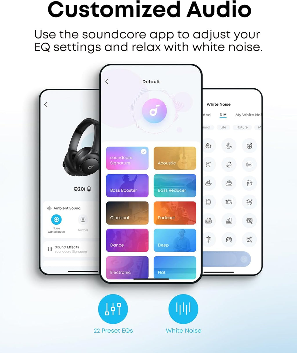 Soundcore by Anker Q20i Hybrid Active Noise Cancelling Headphones, Wireless Over-Ear Bluetooth, 40H Long ANC Playtime, Hi-Res Audio, Big Bass, Customize via an App, Transparency Mode (White)
