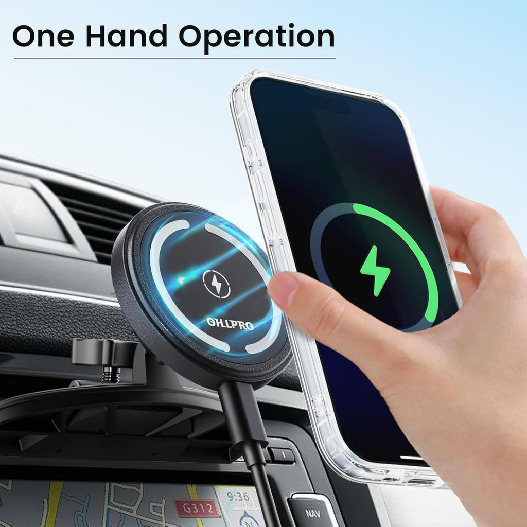 OHLPRO for 15W MagSafe Car Mount Charger for iPhone 16, Fast Wireless Charging, Magnetic CD Slot Holder with 3M Adhesive Base for Dashboard, Aluminum Shell, Compatible with iPhone 16/15/14/13 Pro Max