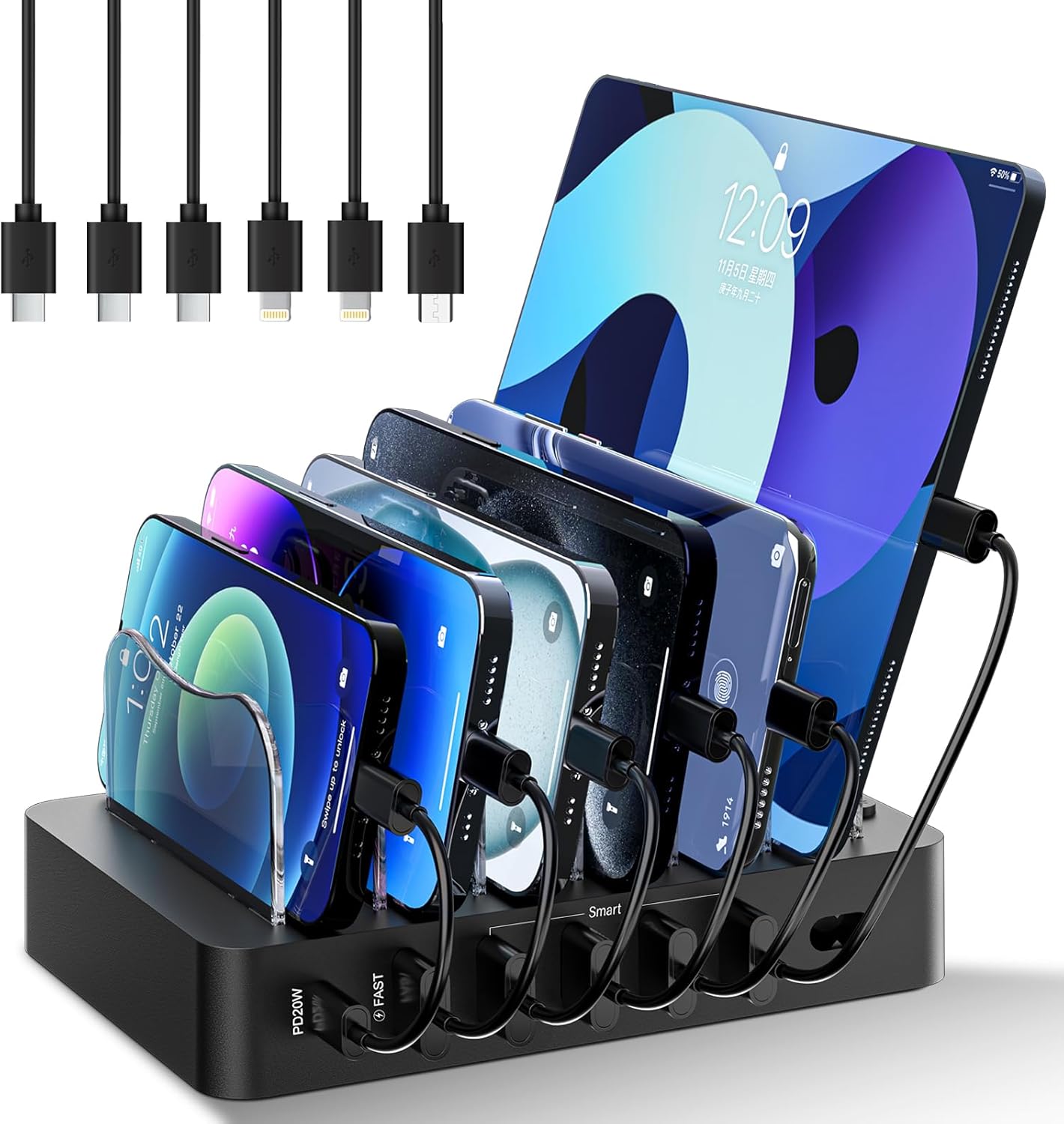 Charging Station for Multiple Devices: 68W 6 Port 20W Fast Phone Charger Dock with 6 Cables, Compatible with Apple Cellphone iPad iPhone Tablet and Other Electronic (Black)