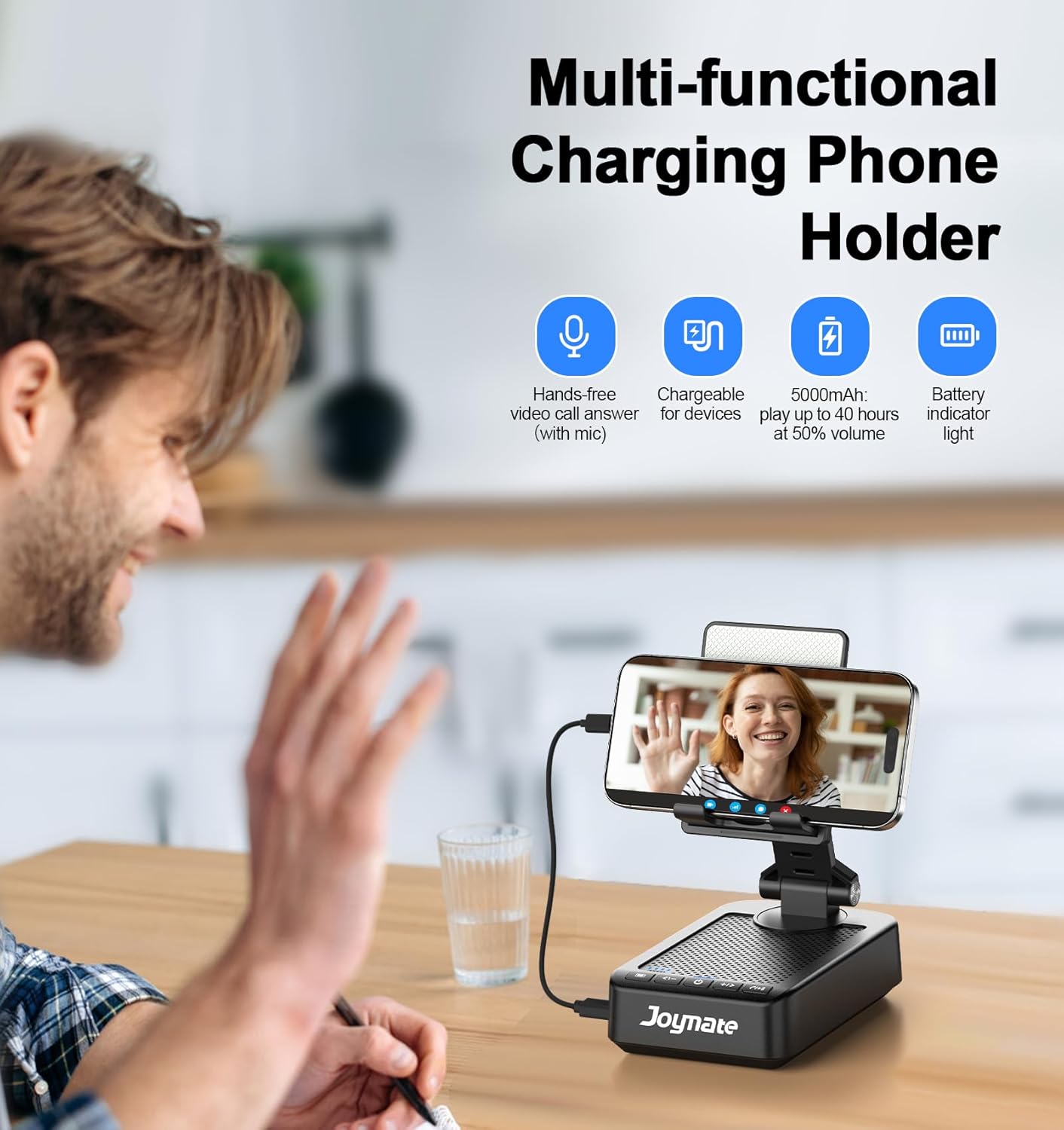 Gifts for Men Women, Phone Stand with Bluetooth Speaker and Charging Function 360° Rotable Angel Adjustable Cell Phone Holder with HD Stereo Sound Fits All Phones,Tablet (Black)