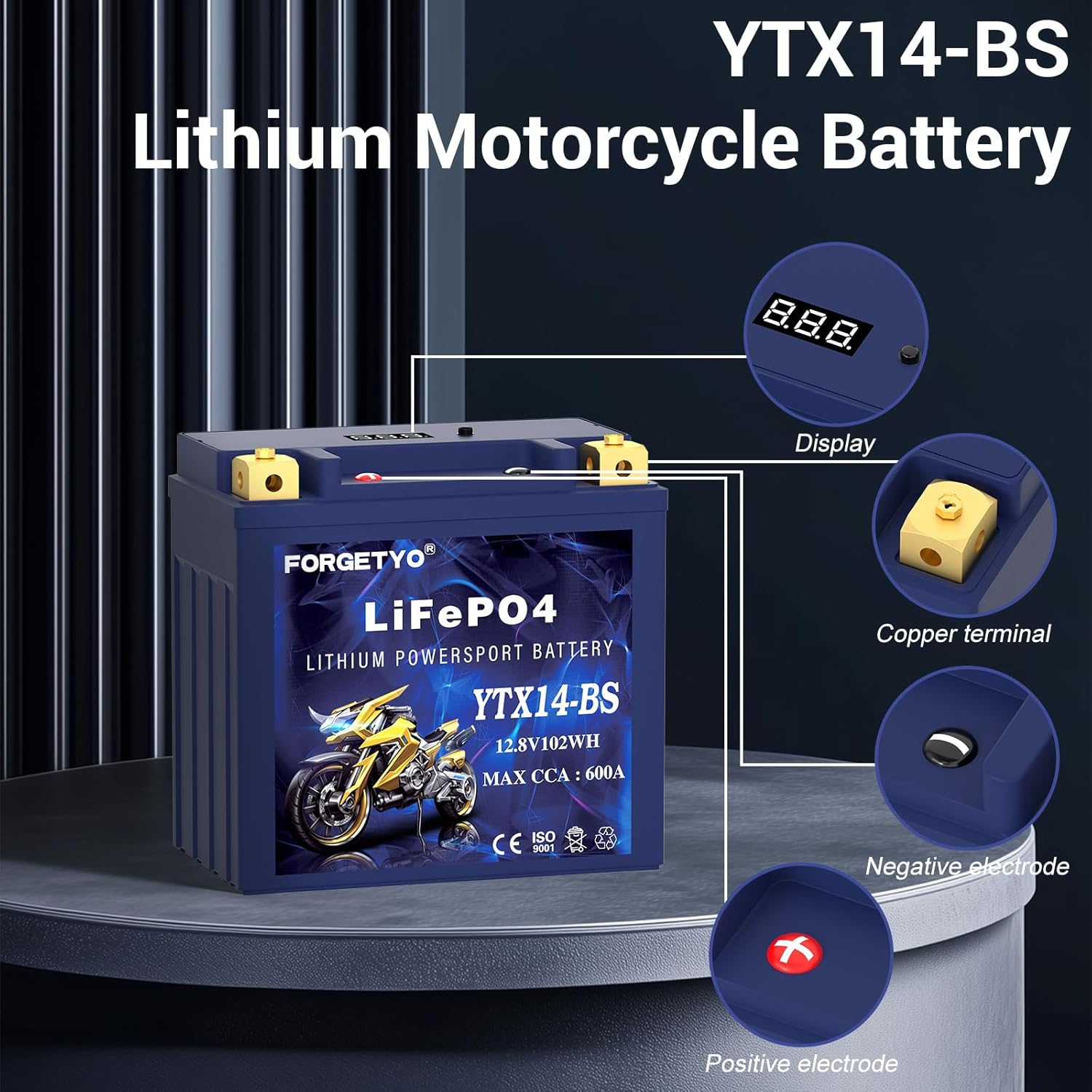YTX14-BS Lithium Motorcycle Battery, ATV Battery 12V 8AH 600CCA Compatible with Yamaha Scooter Snowmobile Jet Ski, Scooter, PWC & More