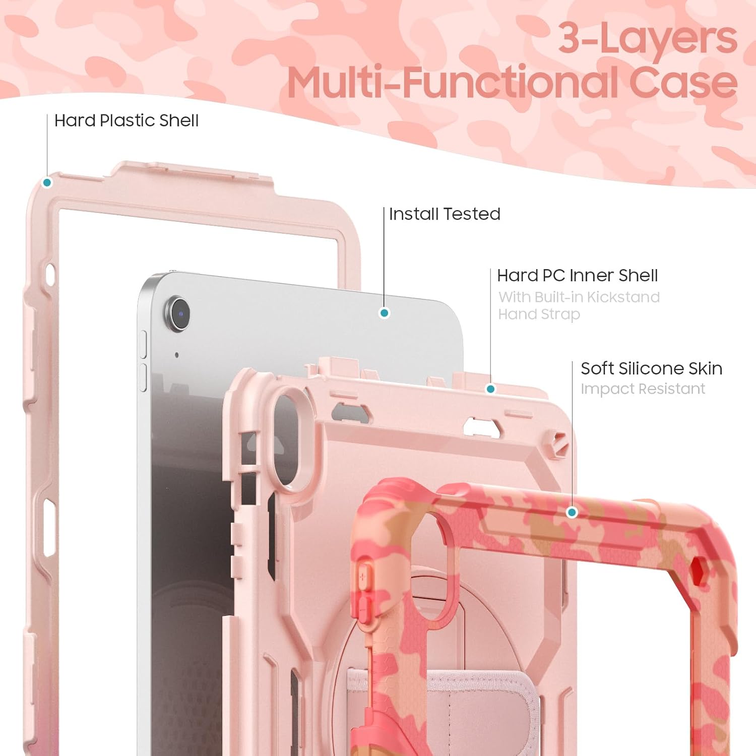 SCSVPN Kids Case for iPad (A16) 11th/10th Generation 11/10.9 inch 2025/2022, Shockproof Rugged Cute Rainbow Cover for iPad 11/10 with Pencil Holder, 360 Rotating Stand, Hand/Shoulder Strap, Camo Pink