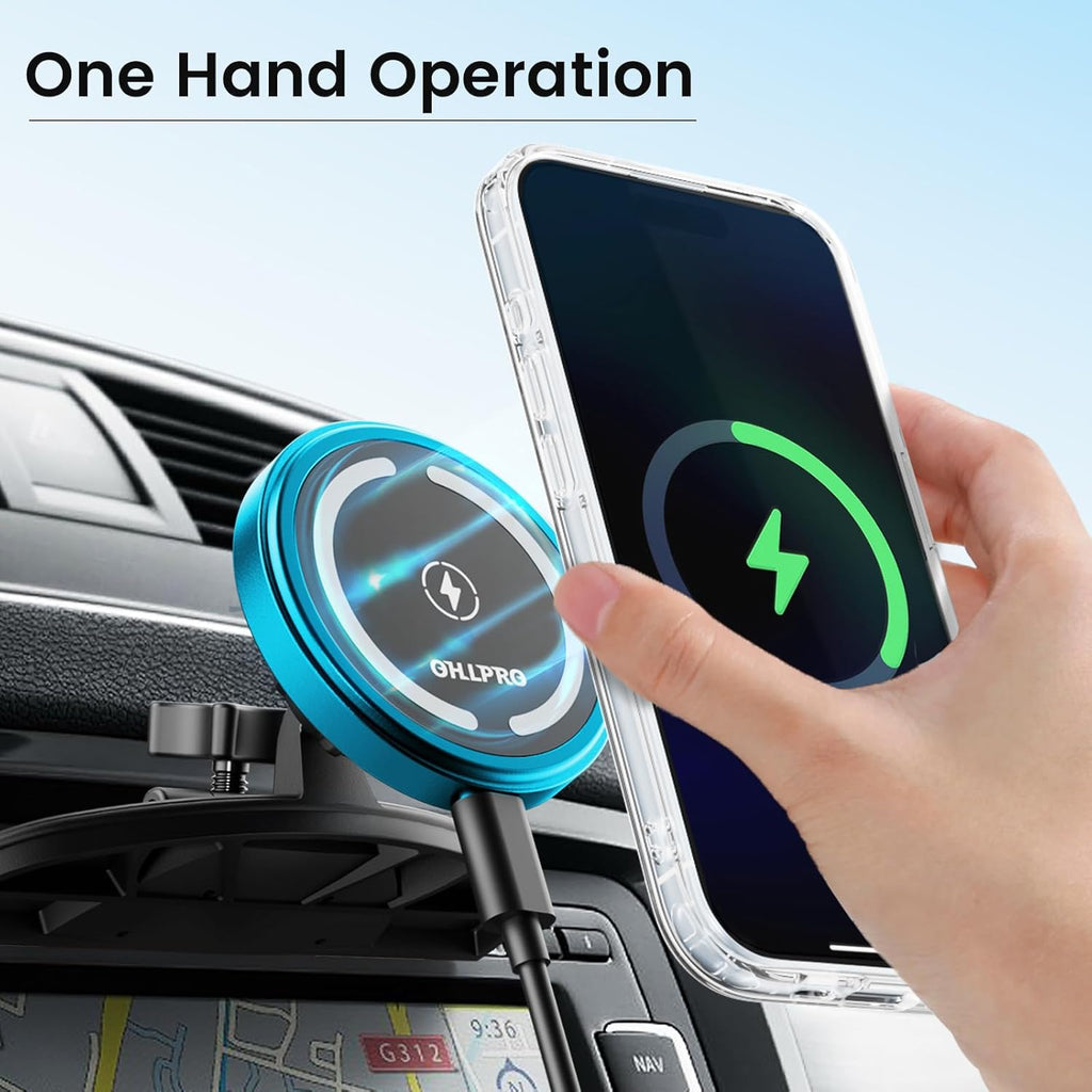 OHLPRO 15W Mag Car Mount Charger for iPhone 16, Fast Wireless Charging Magnetic CD Slot Holder with 3M Adhesive Base for Dashboard, Aluminum Shell, Compatible with iPhone 16/15/14 Pro Max, Blue