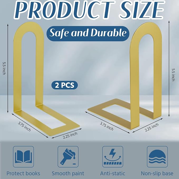 Chunful 2 Pcs Gold Modern Metal Book Ends - Image 3