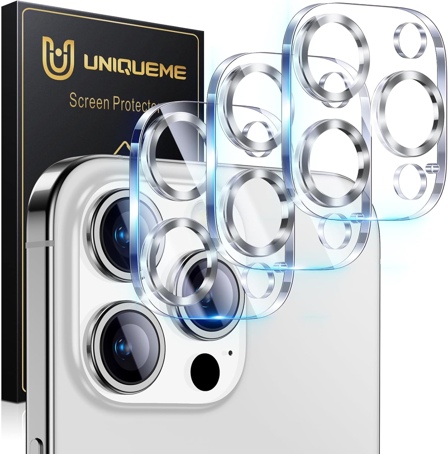 UniqueMe Compatible for 3 Pack iPhone 15 Pro/iPhone 15 Pro Max Camera Lens Protector, [Drop Protection] [Case Friendly] 9H Tempered Glass Camera Cover Screen [2023 New Version] - Silver
