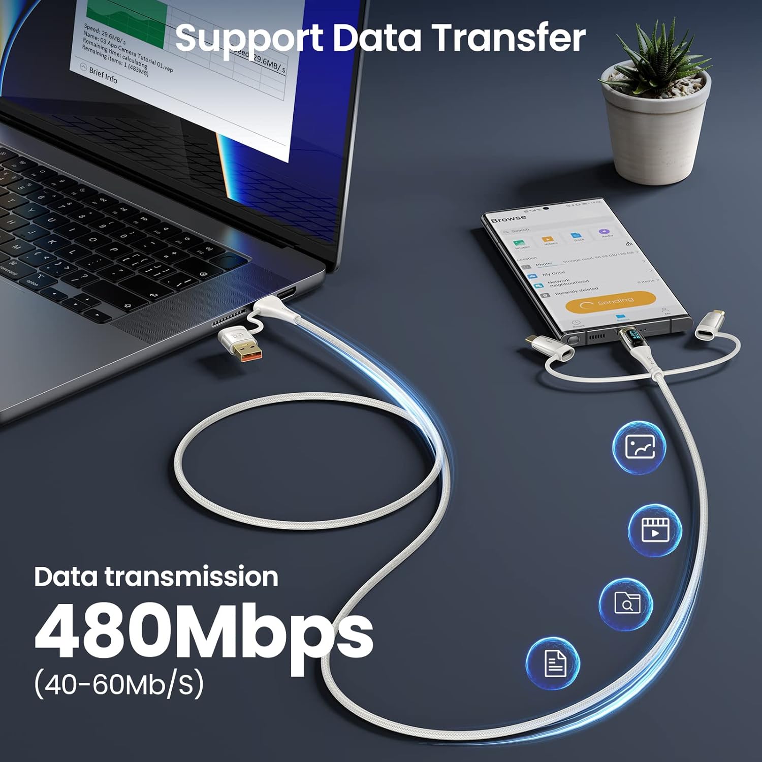 USB C to Multi Charging Cable, USAMS 100W 4FT 5A Type C to Type C Fast Charger Charging Cord with LED Display 5-in-1 C/A to C/Micro/IP Sync Charger Adapter Compatible for Laptop/Tablet/Phone