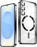 Slim Thin for Samsung Galaxy S25 Case, Compatible with MagSafe, Built-in Camera Lens Protector, Shockproof Protective Phone Case, Soft Electroplated Clear Phone Cover, Black