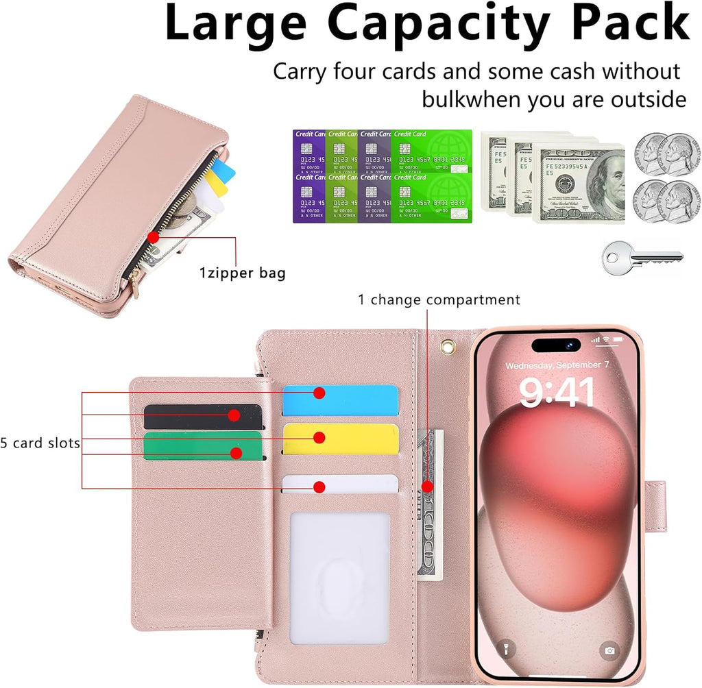 Compatible with iPhone 12 Pro Max Wallet Phone Case-PU Leather Magnetic Flip Cover with Credit Card Slots,Zipper Pocket & Detachable Wrist Strap,Shockproof Design,for Women and Men-Pink
