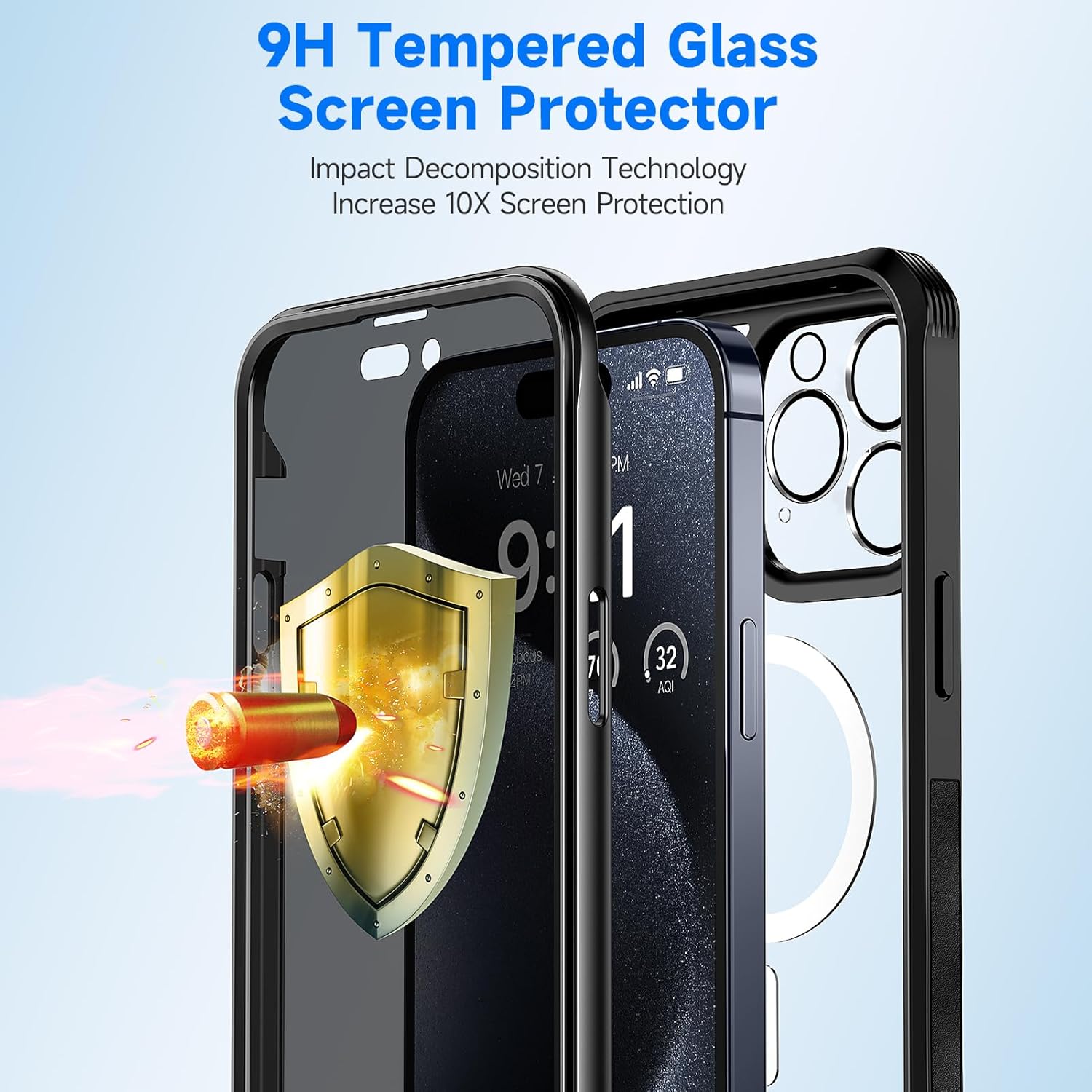 seacosmo for iPhone 15 Pro Max Case, Full Body Bumper with Built-in 9H Tempered Glass Privacy Screen and Camera Lens Protector, Compatible with MagSafe, Shockproof 15 Pro Max Phone Case, 6.7", Black