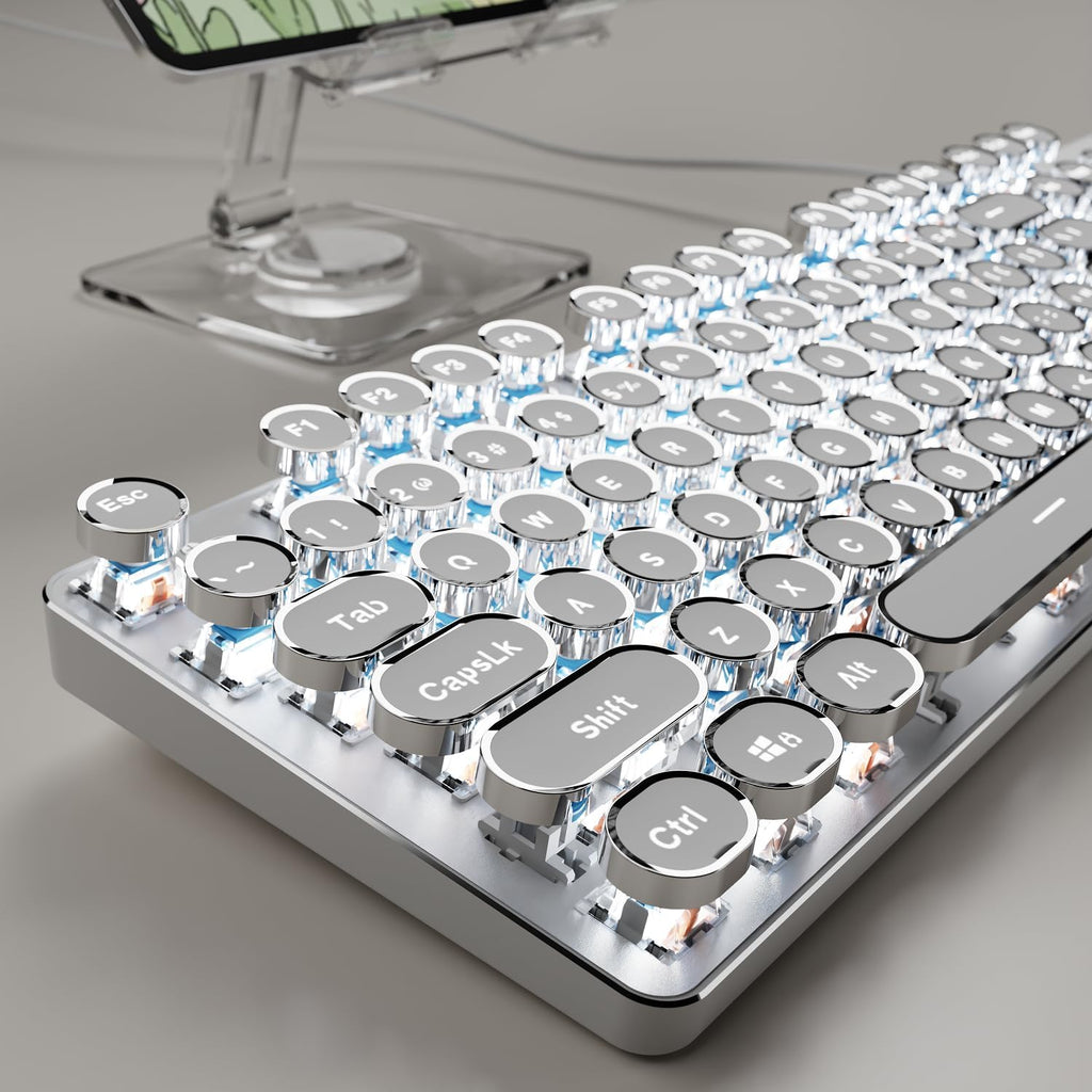 EWEADN TK100 Typewriter Style Wired Mechanical Keyboard, 104 Keys Aesthetic Typewriter Keyboard with White Backlit, Anti-Ghosting, Blue Switch Wired Cute Keyboards-White
