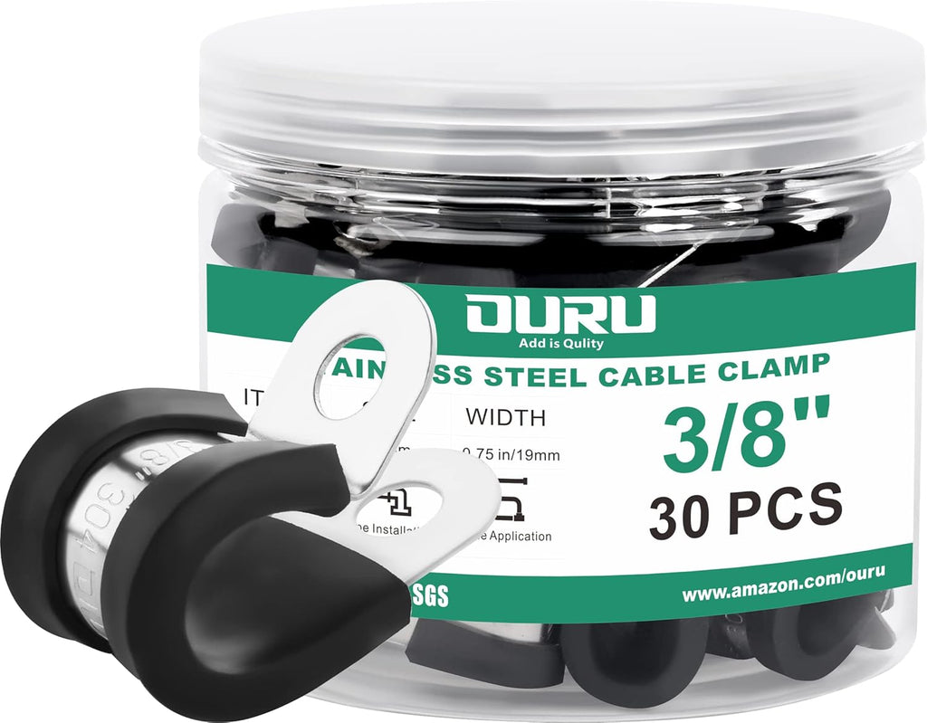 30pcs 3/8 Inch Stainless Steel Cable Clamps,Rubber Coated Cushioned Insulated Cable Clamp,Automotive Cable Wire Clamps,Pipe Clamps,Metal Clamp for Tube,Lines,Wire Cord Installation(Black,10mm)