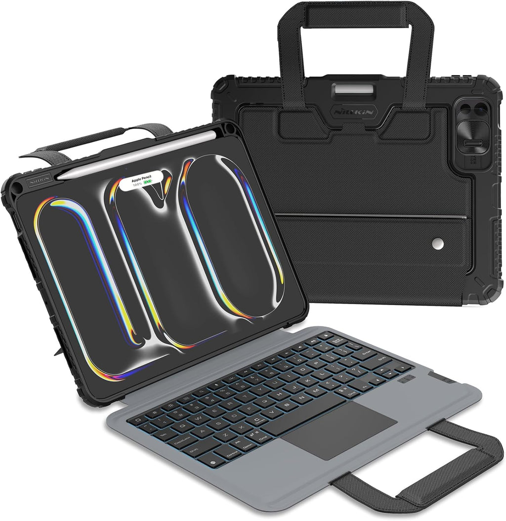 Nillkin Carry Go Keyboard Case for iPad Pro 11 inch (M4) 2024 with Handle, Rugged Case with Detachable Keyboard for iPad Pro 11, Magic Trackpad, 7 Colors Backlit, Camera Cover, Black
