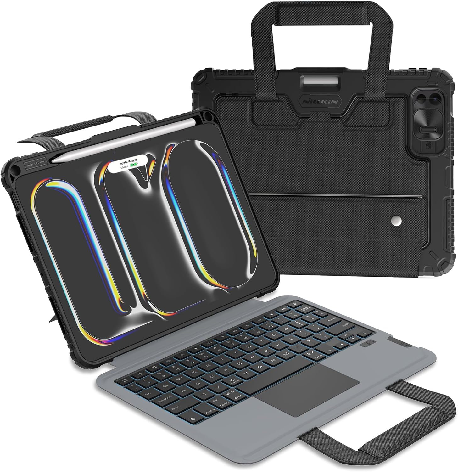Nillkin Carry Go Keyboard Case for iPad Pro 11 inch (M4) 2024 with Handle, Rugged Case with Detachable Keyboard for iPad Pro 11, Magic Trackpad, 7 Colors Backlit, Camera Cover, Black