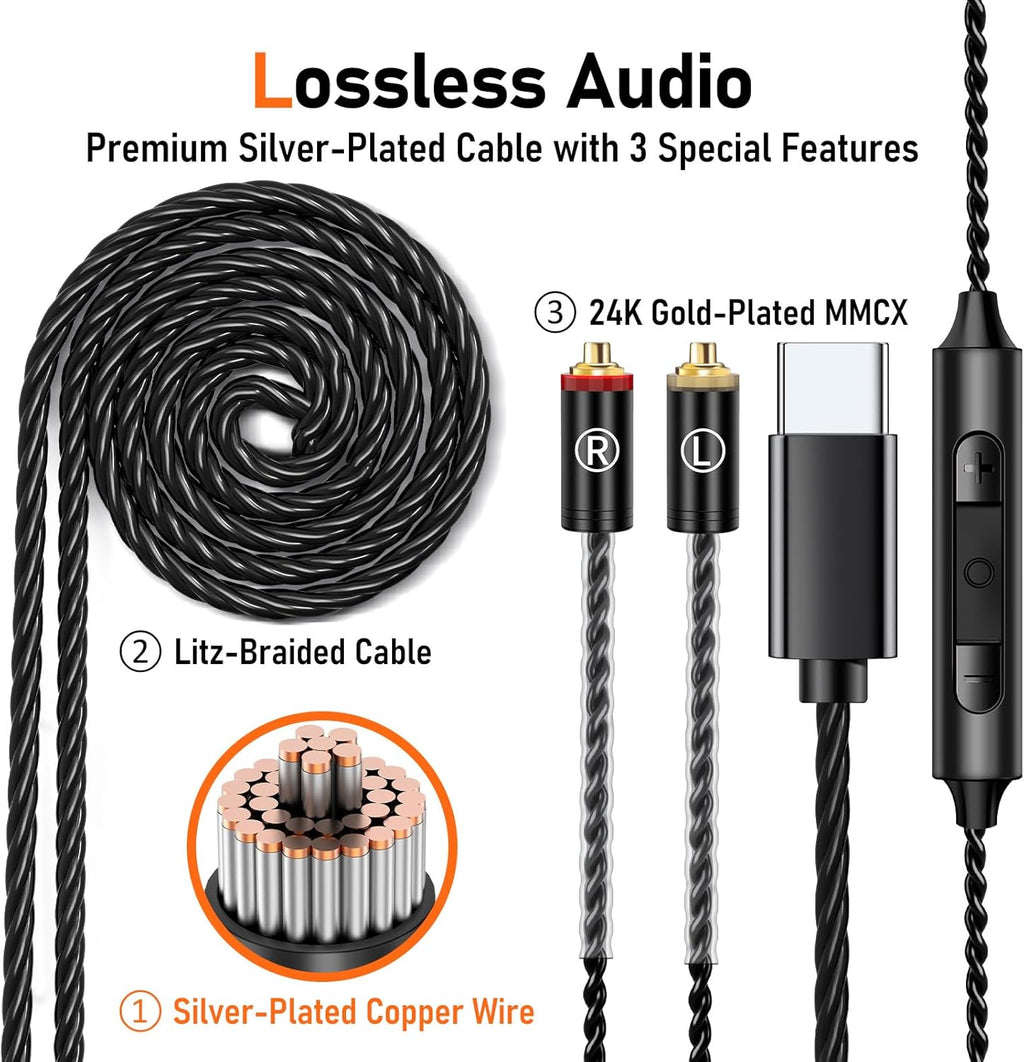 Vibes 202MC USB-C Wired Earbuds - HiFi in Ear Monitor Headphones - Noise Isolating Ear Buds w/ Mic - Clear Sound, Deep Bass & Comfort-Fit Earphones - MMCX to USBC, Silver Plated Cord, Carrying Case