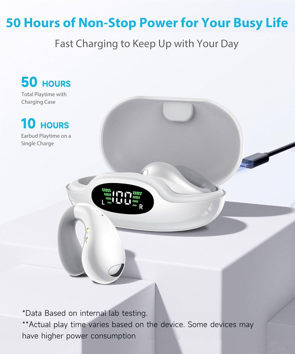 Ultra Open-Ear-Earbuds Wireless Bluetooth - Ergonomic Clip-On Earbuds, Bone Conduction Over-The-Ear Headphones with Waterproof Design and Secure Fit for Small Ears, Elegant White