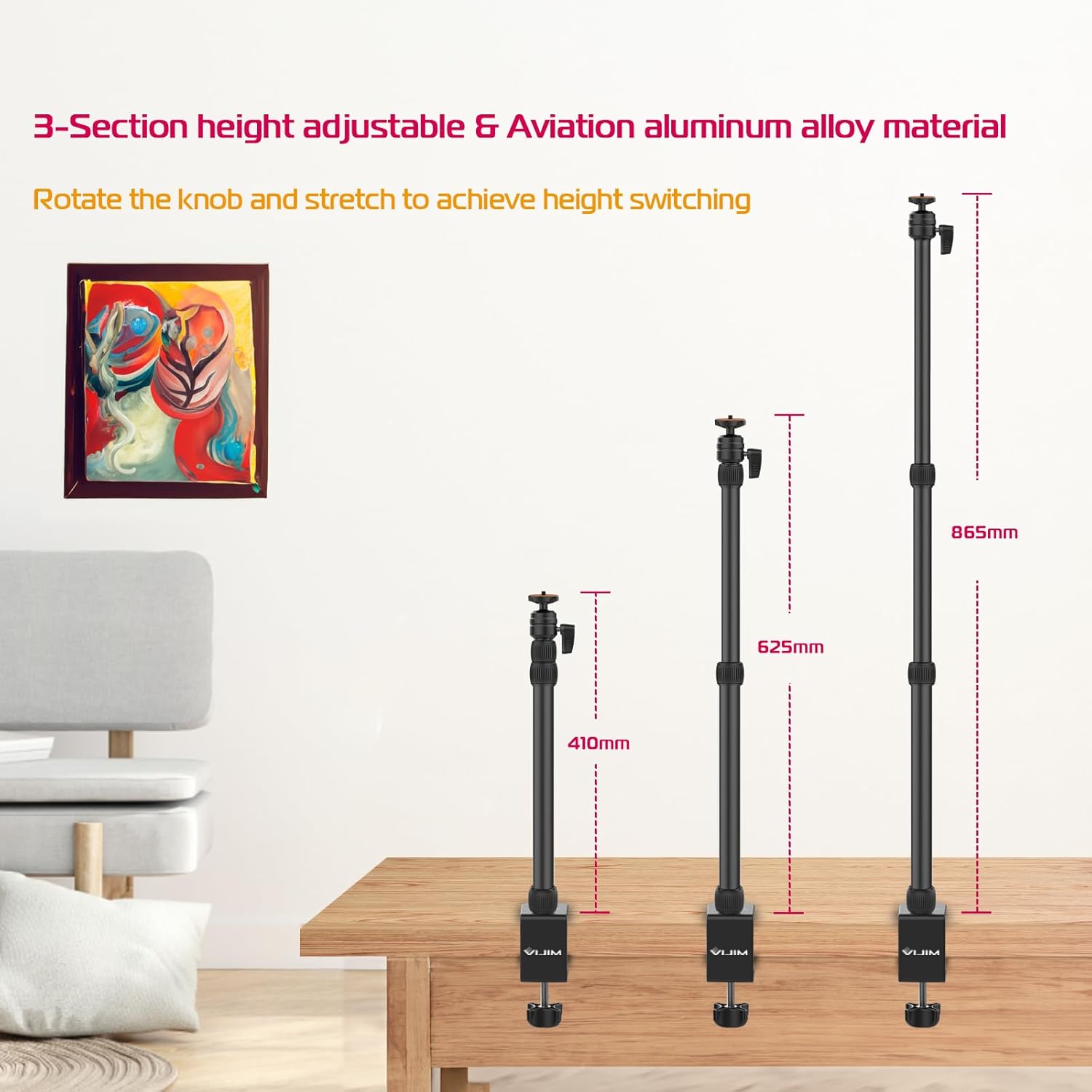 PICTRON LS10 Camera Desk Mount Table Stand with 1/4" Ball Head, 16"-33.8" Adjustable Light Stand, Tabletop C Clamp Arm for DSLR Camera, Ring Light, Live Streaming, Photo Video Shooting